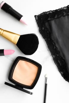 Make-up and cosmetics products on marble, flatlay background - modern feminine lifestyle, beauty blog and fashion inspiration concept