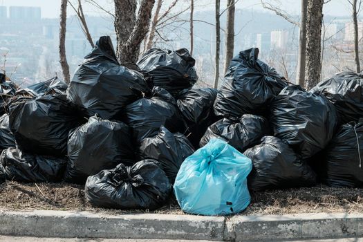 A large pile of black garbage bags. Garbage removal on the city streets. Seasonal cleaning of city streets.