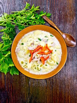 Soup from chicken meat, pasta with cream and sweet pepper, parsley and cilantro in a clay plate on a wooden board background from above