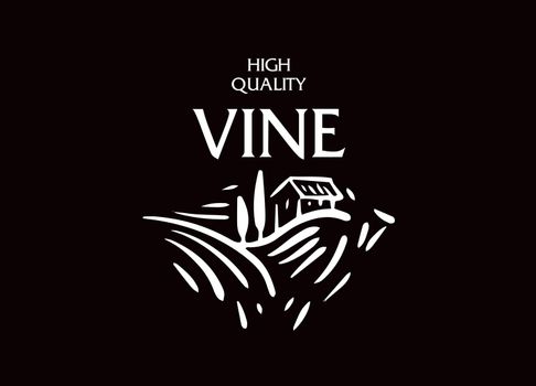 Vector logo drawn by hand. Landscape of vineyards for making wine.