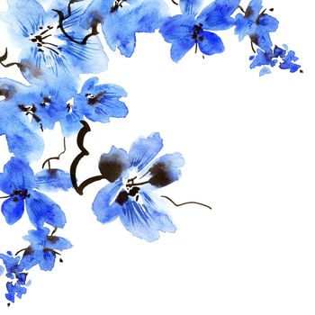 Watercolor illustration of blossom tree branch with blue flowers. Oriental traditional painting in style sumi-e, u-sin and gohua. Flowers on white background.