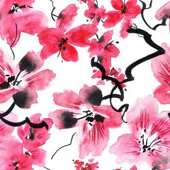 Watercolor illustration of blossom sakura tree with pink flowers and buds - seamless pattern. Oriental traditional painting in style sumi-e, u-sin and gohua. Flowers on white background.