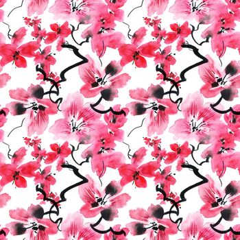 Watercolor illustration of blossom sakura tree with pink flowers and buds - seamless pattern. Oriental traditional painting in style sumi-e, u-sin and gohua. Flowers on white background.