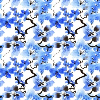 Watercolor illustration of blossom tree branch with blue flowers - seamless pattern. Oriental traditional painting in style sumi-e, u-sin and gohua. Flowers on white background.