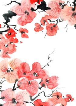 Watercolor illustration of blossom sakura tree with pink flowers and buds. Oriental traditional painting in style sumi-e, u-sin and gohua. Flowers on white background. Vertical design.