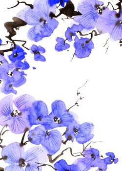 Watercolor illustration of blossom tree branch with blue flowers. Oriental traditional painting in style sumi-e, u-sin and gohua. Flowers on white background. Vertical background.