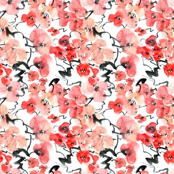 Watercolor illustration of blossom sakura tree with pink flowers and buds - seamless pattern. Oriental traditional painting in style sumi-e, u-sin and gohua. Flowers on white background.