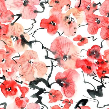 Watercolor illustration of blossom sakura tree with pink flowers and buds - seamless pattern. Oriental traditional painting in style sumi-e, u-sin and gohua. Flowers on white background.