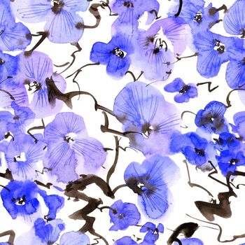 Watercolor illustration of blossom tree branch with blue flowers - seamless pattern. Oriental traditional painting in style sumi-e, u-sin and gohua. Flowers on white background.