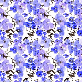 Watercolor illustration of blossom tree branch with blue flowers - seamless pattern. Oriental traditional painting in style sumi-e, u-sin and gohua. Flowers on white background.