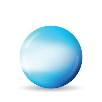 Glass blue ball or precious pearl. Glossy realistic ball, 3D abstract vector illustration highlighted on a white background. Big metal bubble with shadow.