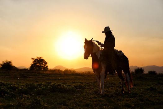 cowboy and horse at first light,mountain, river and lifestyle with natural light background	