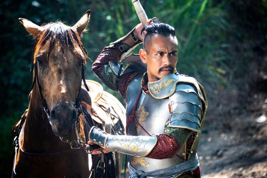 Aisan Thai soldier in the history scene with armor suit costume and horse	
