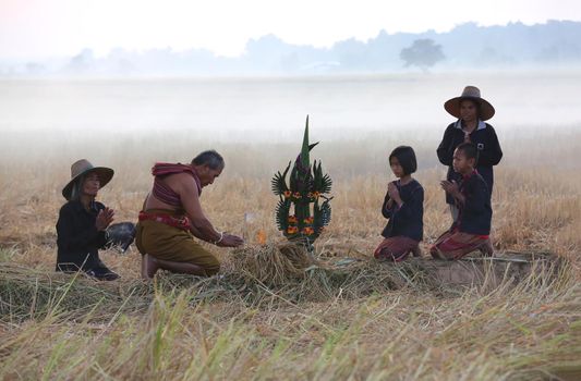 An elephant mahout and elephant walking through the haze in the jungle. Lifestyle of surin elephants village.