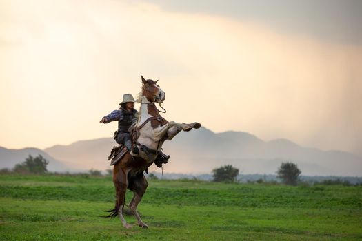 cowboy and horse at first light,mountain, river and lifestyle with natural light background	