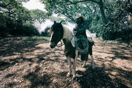 cowboy and horse at first light,mountain, river and lifestyle with natural light background	