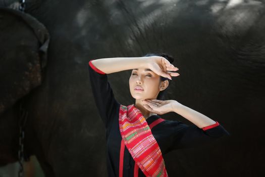 Portrait of Beautiful rural Thai woman wear Thai dress with elephant in Surin Province, Thailand