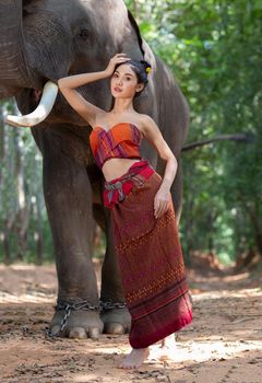 Beautiful young Asian woman dressed in traditional native dress and elephant in forest of village Surin Thailand	
