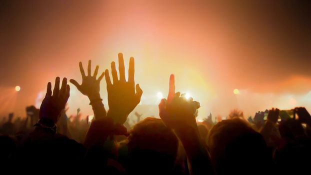 Concert Music festival and Celebrate. Party People Rock Concert. Crowd Happy and Joyful and Applauding or Clapping. Celebration party festival happiness. Blurry night club. Concert Show with DJ Music festival EDM on Stage