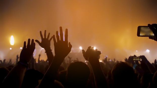 Concert Music festival and Celebrate. Party People Rock Concert. Crowd Happy and Joyful and Applauding or Clapping. Celebration party festival happiness. Blurry night club. Concert Show with DJ Music festival EDM on Stage