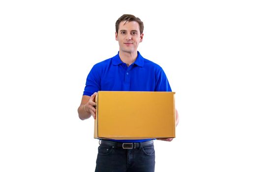 Delivery man carrying package carton box isolated on white background.