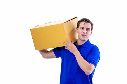 Delivery man carrying package carton box isolated on white background.