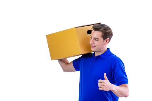 Delivery man carrying package carton box isolated on white background.