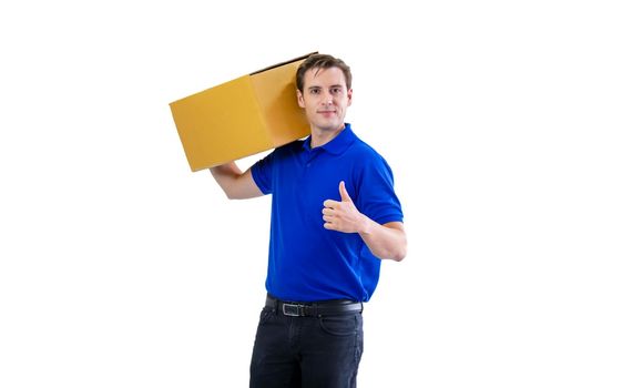 Delivery man carrying package carton box isolated on white background.