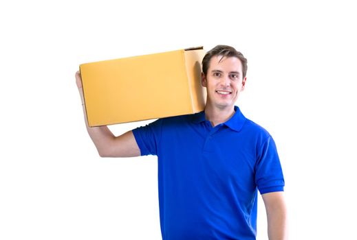 Delivery man carrying package carton box isolated on white background.