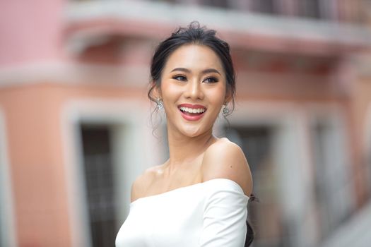 Portrait of real women with fashion hairstyle white cloth standing on street, Young millennial hipster stylish diverse women, real women, empowerment women for women's day concept