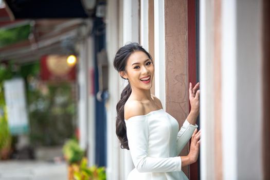 Portrait of real women with fashion hairstyle white cloth standing on street, Young millennial hipster stylish diverse women, real women, empowerment women for women's day concept