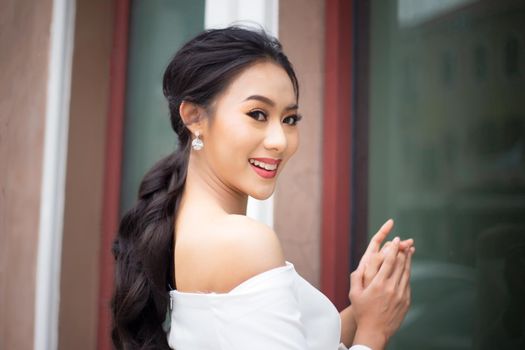 Portrait of real women with fashion hairstyle white cloth standing on street, Young millennial hipster stylish diverse women, real women, empowerment women for women's day concept