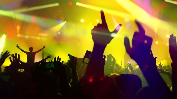 Concert Music festival and Celebrate. Party People Rock Concert. Crowd Happy and Joyful and Applauding or Clapping. Celebration party festival happiness. Blurry night club. Concert Show with DJ Music festival EDM on Stage
