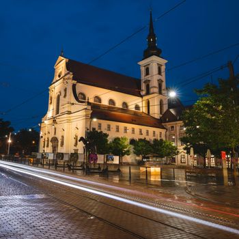 Equestrian Statue of Margrave Jobst of Luxembourg in front of Moravian Gallery and St. Thomas Church. The sculpture was created by Jaroslav Rona. Brno, South Moravia, Czechia.