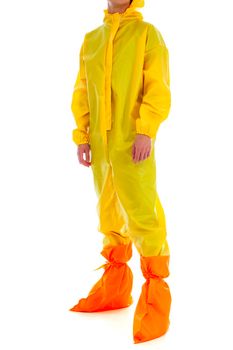 Man wearing yellow protective suit isolated on white background