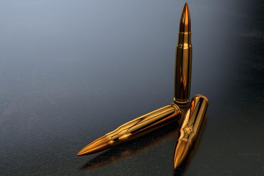 3d illustration, golden rifle cartridges on a dark surface in a dark space