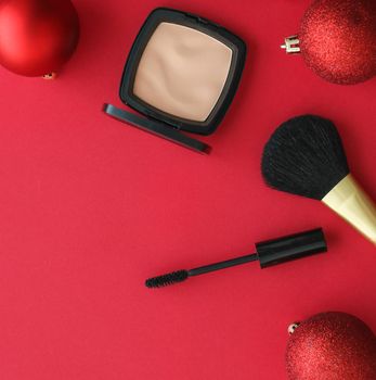 Cosmetic branding, fashion blog cover and girly glamour concept - Make-up and cosmetics product set for beauty brand Christmas sale promotion, luxury red flatlay background as holiday design