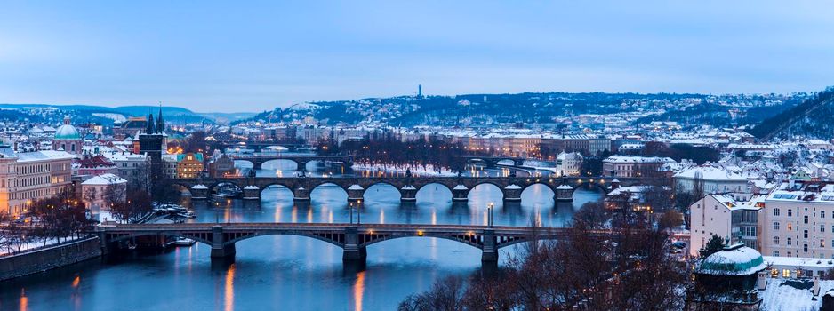 Winter in Prague - bridges on Vltava River. Prague, Bohemia, Czech Republic.