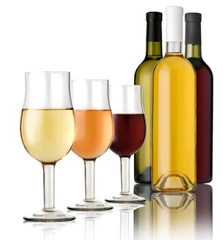 3 Glass  and 3 bottles wine on a white background 