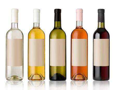 Set 5 bottles of wine with white labels isolated on white background.