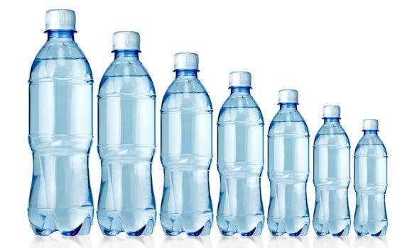 Bottled water in 7 sizes isolated over a white background