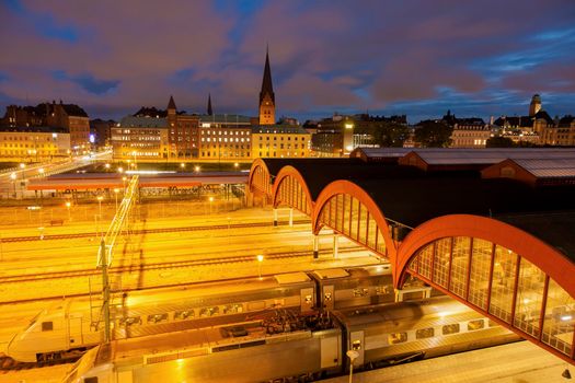 Panorama of Malmo with Central Station. Malmo, Scania, Sweden.