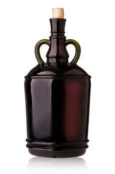 big dark glass wine bottle on a white background