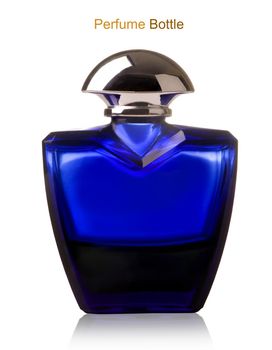 Blue perfume bottle with reflection on white background