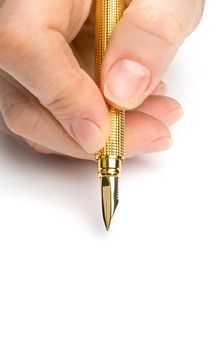 Hands with pen over paper isolated on white background