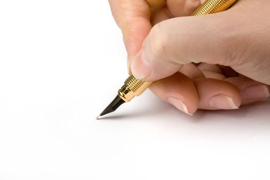 Pen in woman hand isolated on white background