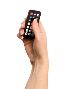 the woman's hand pressed the remote control isolated