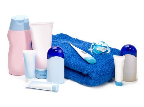 bottles of cosmetics for the care of the newborn on a white background