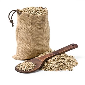 bag of rye and a wooden spoon on a white background. keeping paths