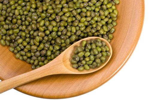 wooden plate with mung beans on a white background with clipping paths